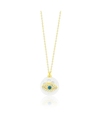 Etoielle Evil Eye Pearl Layering Necklace with Yellow Gold Tone Chain and Created Blue Saphire Accent