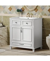 30" Resin Sink Vanity with Solid Wood Frame Cabinet, Retro White