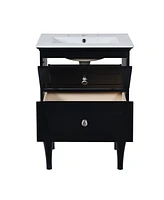 24" Solid Wood Bathroom Vanity Cabinet with Sink and 2 Drawers, Black