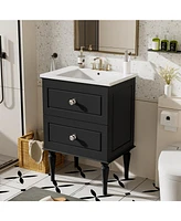 24" Solid Wood Bathroom Vanity Cabinet with Sink and 2 Drawers, Black