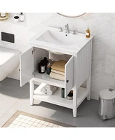 24" White Modern Sleek Bathroom Vanity Elegant Ceramic Sink with Solid Wood Frame Open Style Shelf