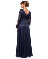 Betsy & Adam Petite Long-Sleeve V-Neck Crinkle Gown