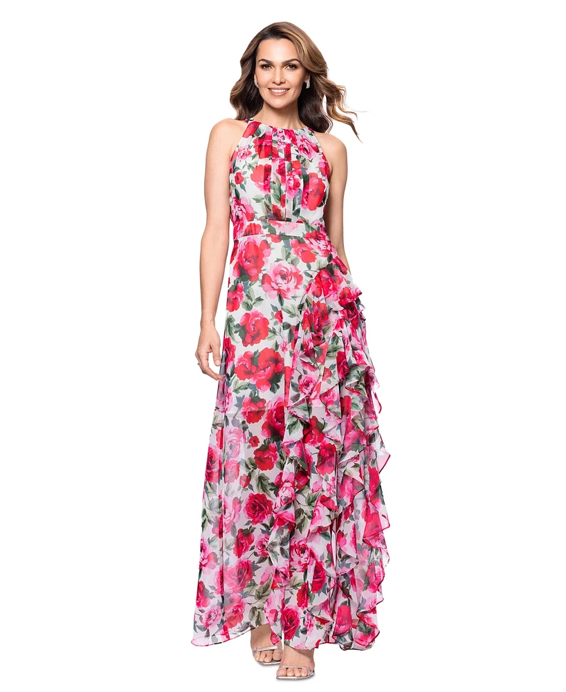 Betsy & Adam Women's Floral Print Ruffled Sleeveless Gown