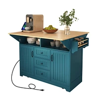 Large 55.7" Kitchen Island with Drop Leaf, Rolling Cart on 5 Wheels with Power Outlet, Folding Storage Dining Table