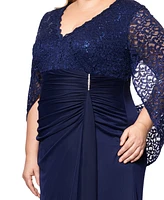 Betsy & Adam Plus Lace-Cape-Sleeve Embellished Gown