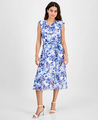 Ak Anne Klein Petite Printed Tie-Waist Cap-Sleeve Midi Dress