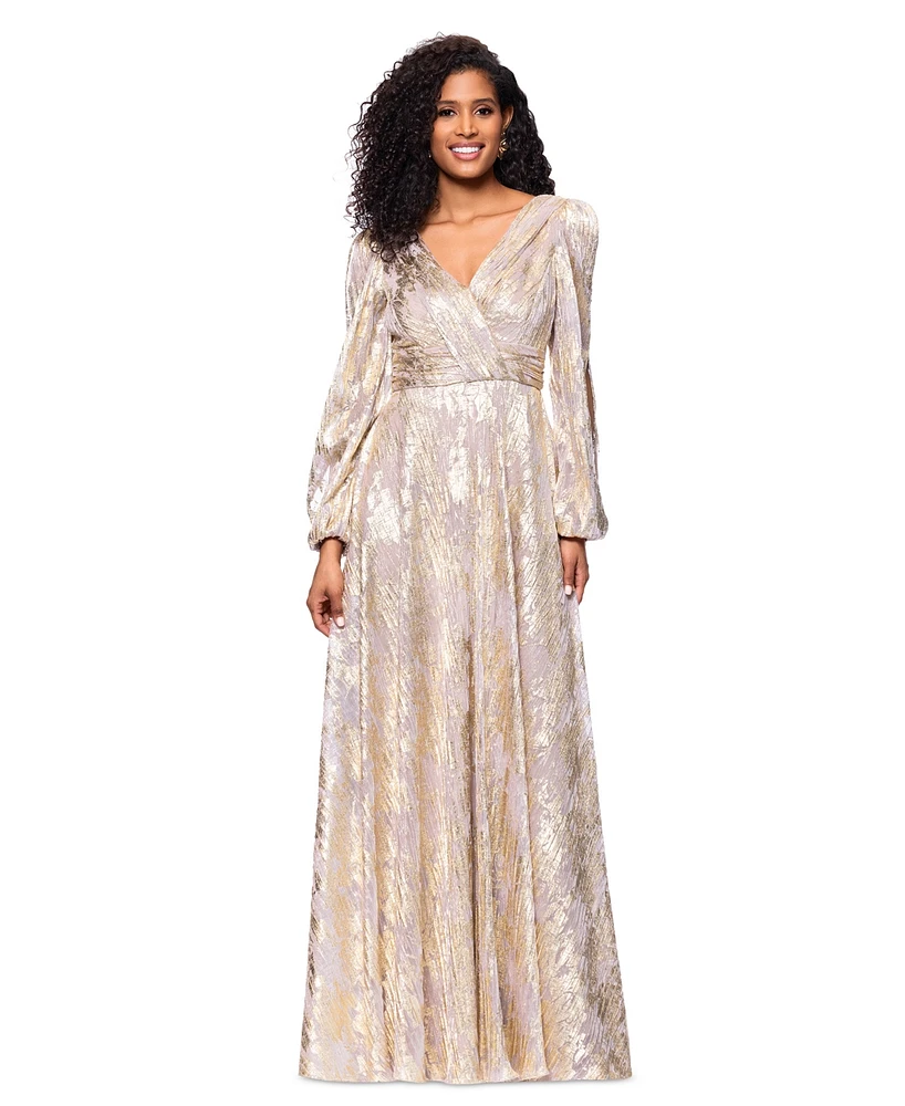 Betsy & Adam Women's Metallic Crinkled Blouson-Sleeve Gown
