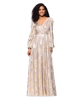 Betsy & Adam Women's Metallic Crinkled Blouson-Sleeve Gown