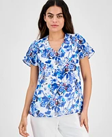 Ak Anne Klein Petite Floral Button-Down Ruffle Blouse