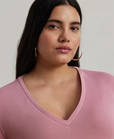 Lauren Ralph Plus Stretch Cotton Elbow-Sleeve V-Neck Tee