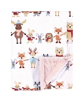 Hudson Baby Infant Girl Plush Blanket with Furry Binding and Back, Girl Winter Woodland Friends, One Size