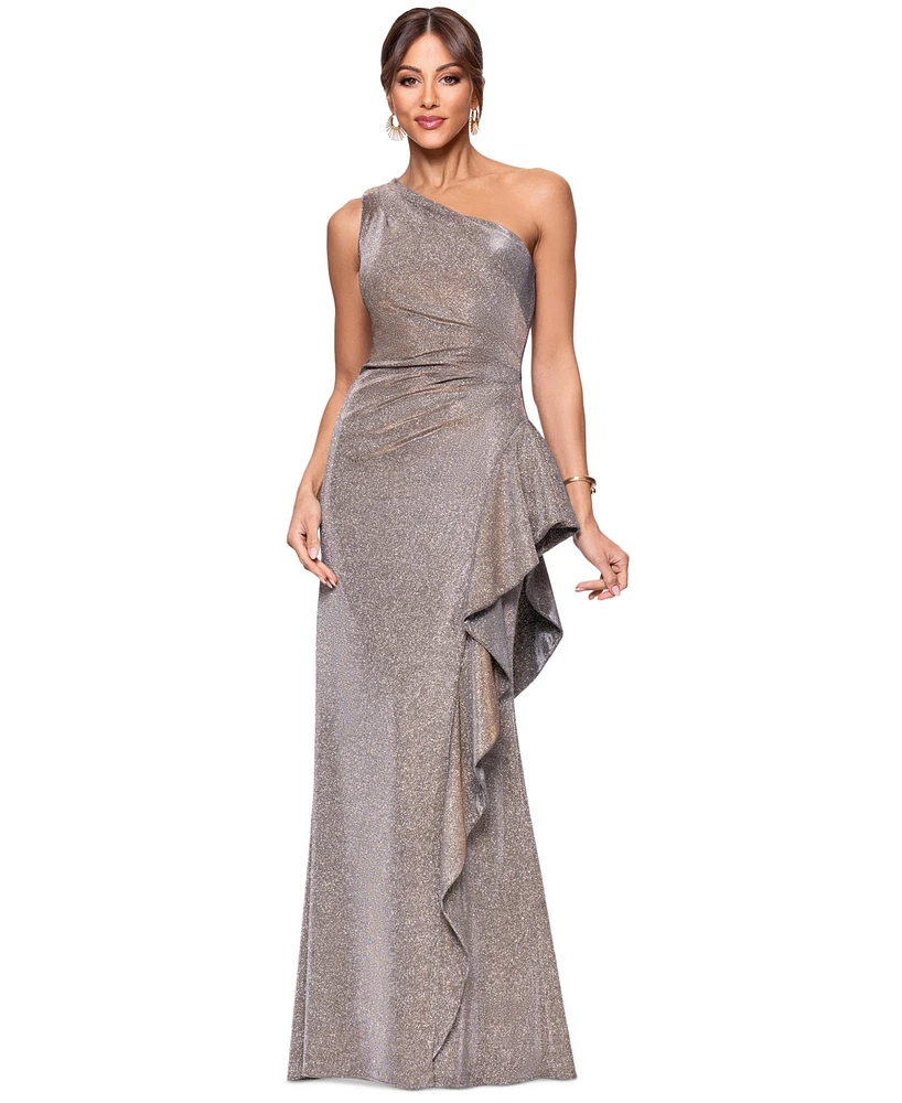 Xscape Women's Glitter Knit One-Shoulder Gown
