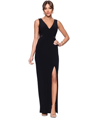 Xscape Women's V-Neck Mesh-Trim Sleeveless Gown