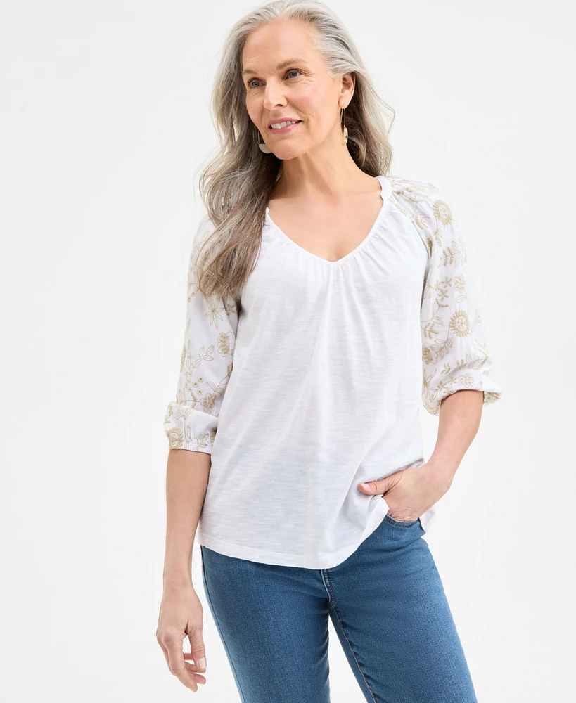 Style & Co Women's Embroidered 3/4-Sleeve V-Neck Top, Exclusively at Macy's