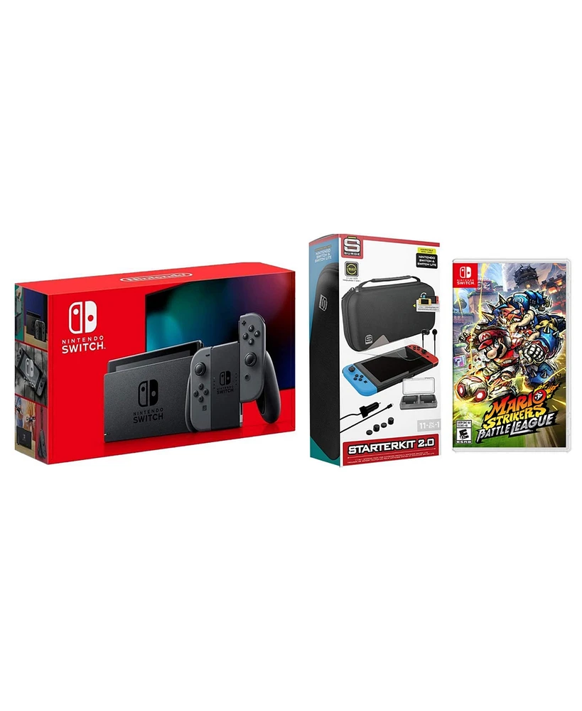 Nintendo Switch 32GB Console Gray Joy-Con Bundle with Surge 11-In-1 Accessory Starter Pack and Mario Strikers Battle League