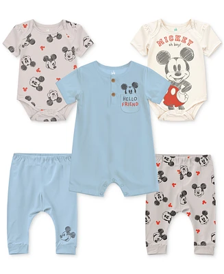 Disney Baby Boys Mickey Mouse Bodysuits, Romper & Pants, 5 Piece Set
