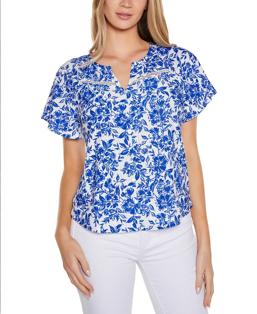 Belldini Women's Floral Printed Eyelet Short Sleeve Knit Top