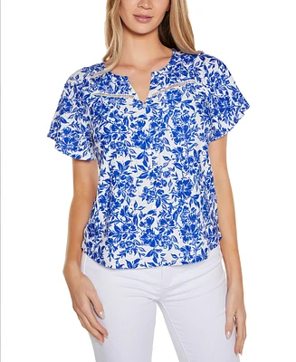 Belldini Women's Floral Printed Eyelet Short Sleeve Knit Top