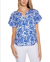 Belldini Women's Floral Printed Eyelet Short Sleeve Knit Top