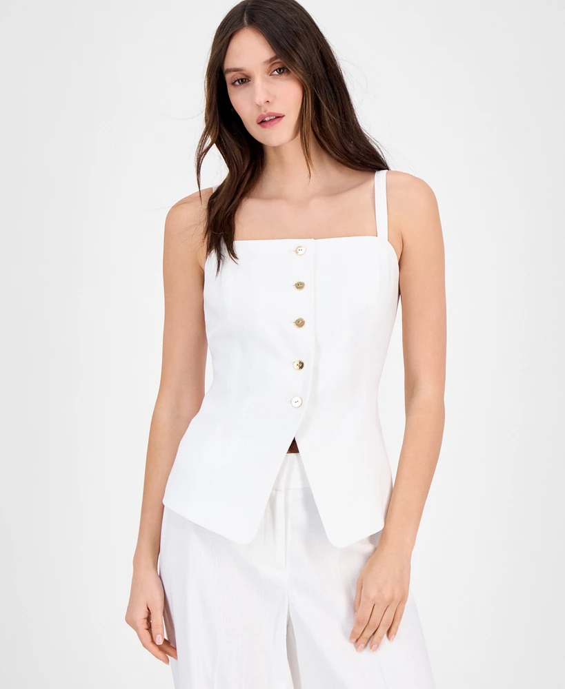 Tahari Asl Women's Linen-Blend Button-Front Tank Vest