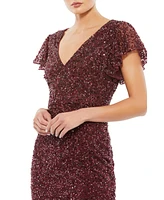 Women's Sequined V Neck Flutter Cap Sleeve Trumpet Dress