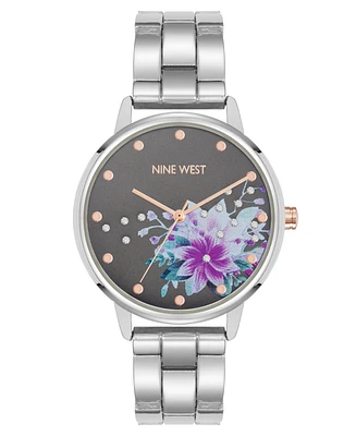 Nine West Women's Quartz Silver-Tone Metal Alloy Delicate Floral Dial Watch, 36mm