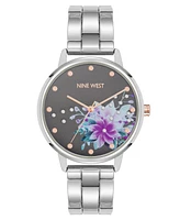 Nine West Women's Quartz Silver-Tone Metal Alloy Delicate Floral Dial Watch, 36mm