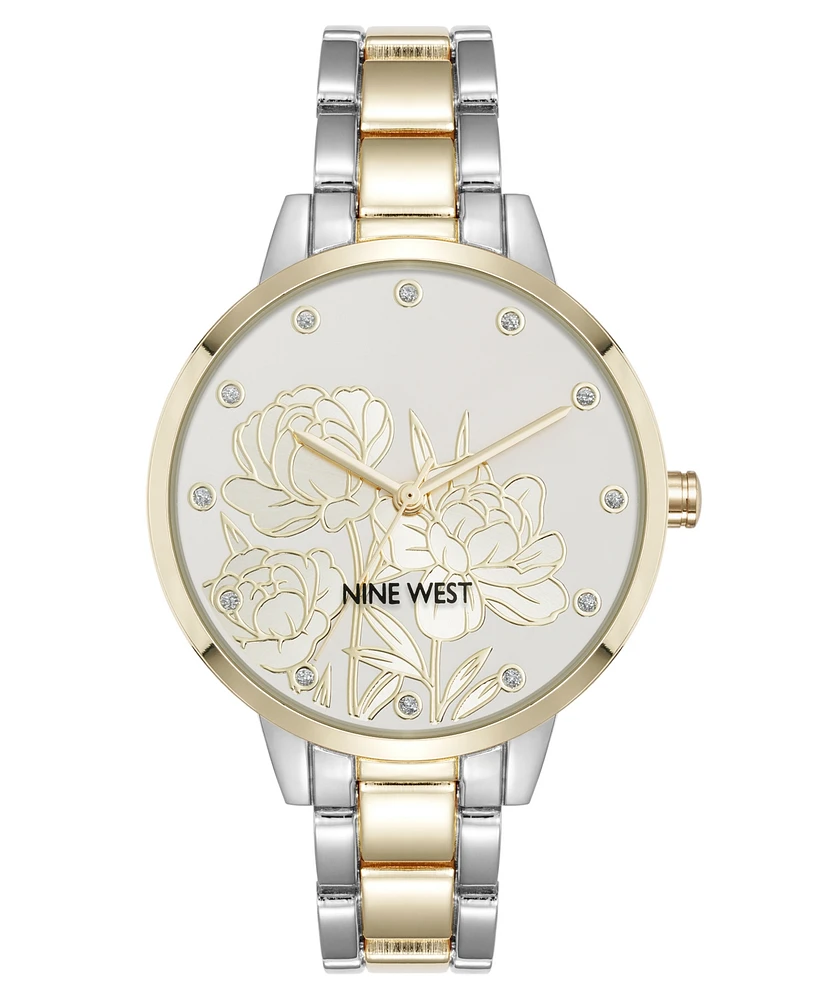 Nine West Women's Quartz Two-Tone Metal Alloy Embossed Floral Dial Watch, 36mm