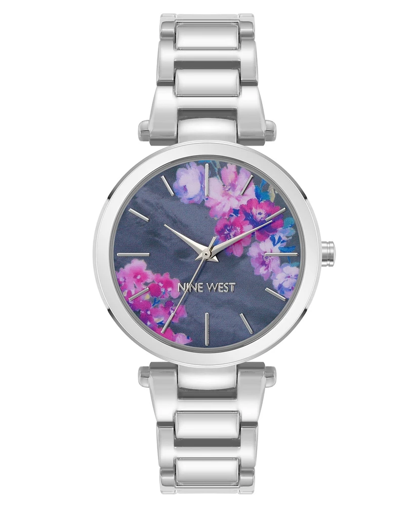 Nine West Women's Quartz Silver-Tone Metal Alloy Floral Dial Watch