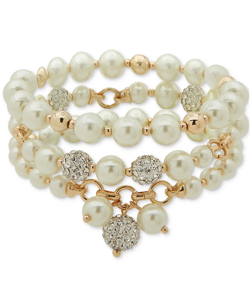 Anne Klein Gold-Tone Pave Fireball & Imitation Pearl Triple-Row Stretch Bracelet