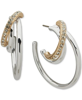 Anne Klein Two-Tone Crystal Multi Row Medium C Hoop Earrings, 1.6"