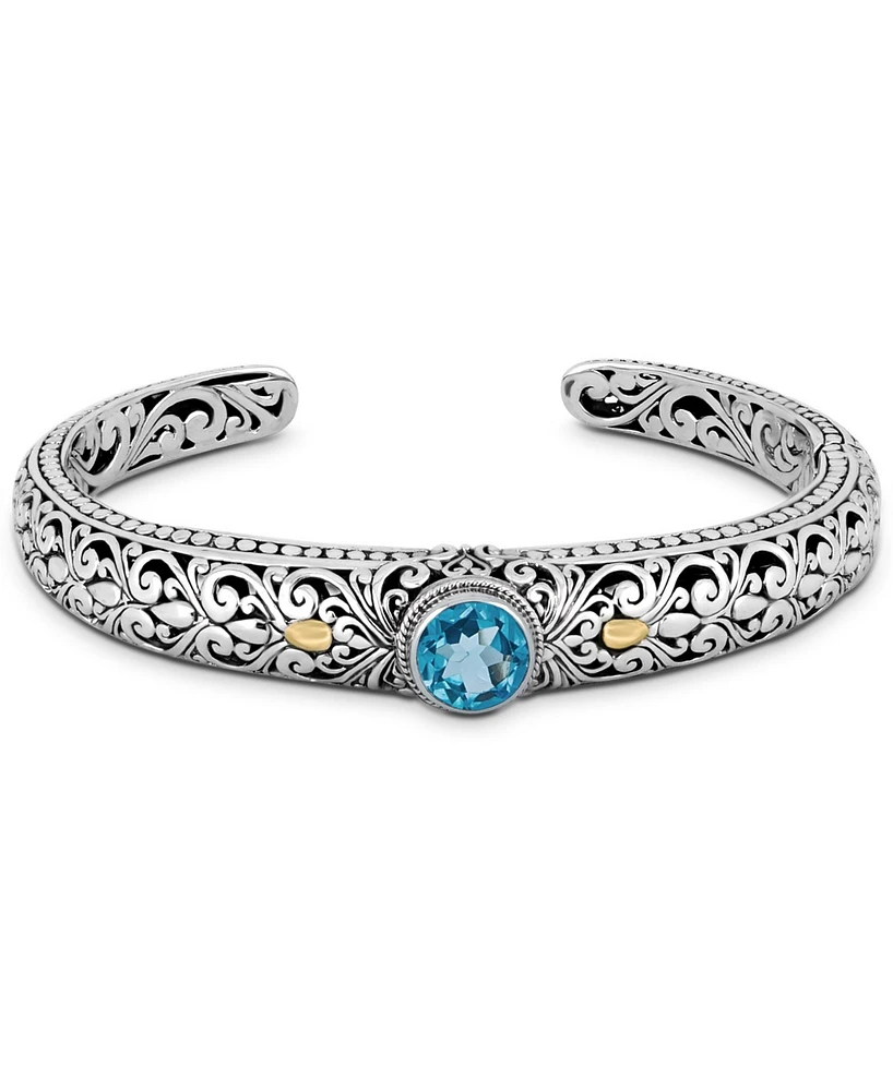Devata Blue Topaz & Bali Filigree Cuff Bracelet in Sterling Silver and 18K Gold Accents