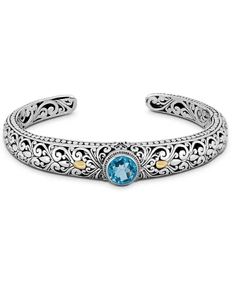 Devata Blue Topaz & Bali Filigree Cuff Bracelet in Sterling Silver and 18K Gold Accents
