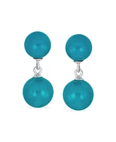 Bling Jewelry Classic Simple Dangle Double Round Natural Teal Blue Green Jade 2 Drop Ball Earrings .925 Sterling Silver 10MM