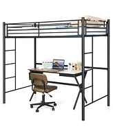 Twin Loft Bed Frame with 2 Ladders Full-length Guardrail