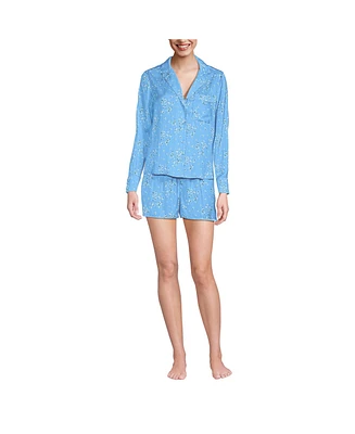 Lands' End Women's Matte Satin 2 Piece Pajama Set - Long Sleeve Top and Shorts