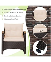 Gymax Set of 3 Rattan Furniture Set Wooden Armrest Table Top Cushioned Deck Patio