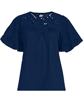 Lands' End Women's Eyelet Crew Puff Sleeve Top