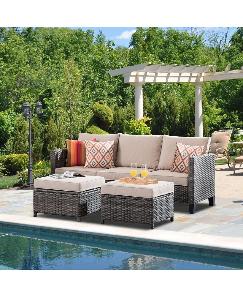 3 Piece Patio Furniture Set,Outdoor Weather Resistant Wicker Sofa with 2 Ottomans,2 Comfy Pillows,for Yard Porch,Patio and Backyard,Orange Red