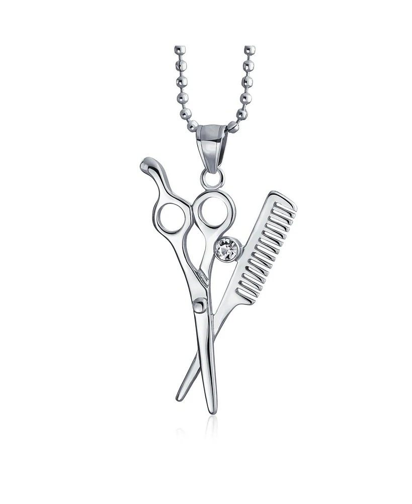 Bling Jewelry Unisex Whimsical Scissors Comb Pendant Necklace Crystal Accent Stainless Steel Chain