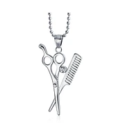 Bling Jewelry Unisex Whimsical Scissors Comb Pendant Necklace Crystal Accent Stainless Steel Chain