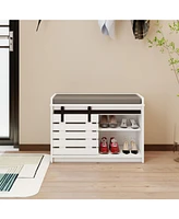 2-Tier Shoe Storage Bench with Barn Door, Adjustable Shelves