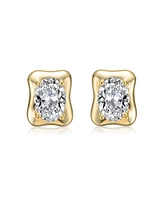 Sterling Silver 14K Gold Plated with Clear Cubic Zirconia Wavey Square Stud Earrings