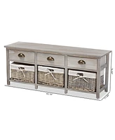 Baxton Studio Mabyn Modern and Contemporary Light Grey Finished Wood 3-Drawer Storage Bench with Baskets