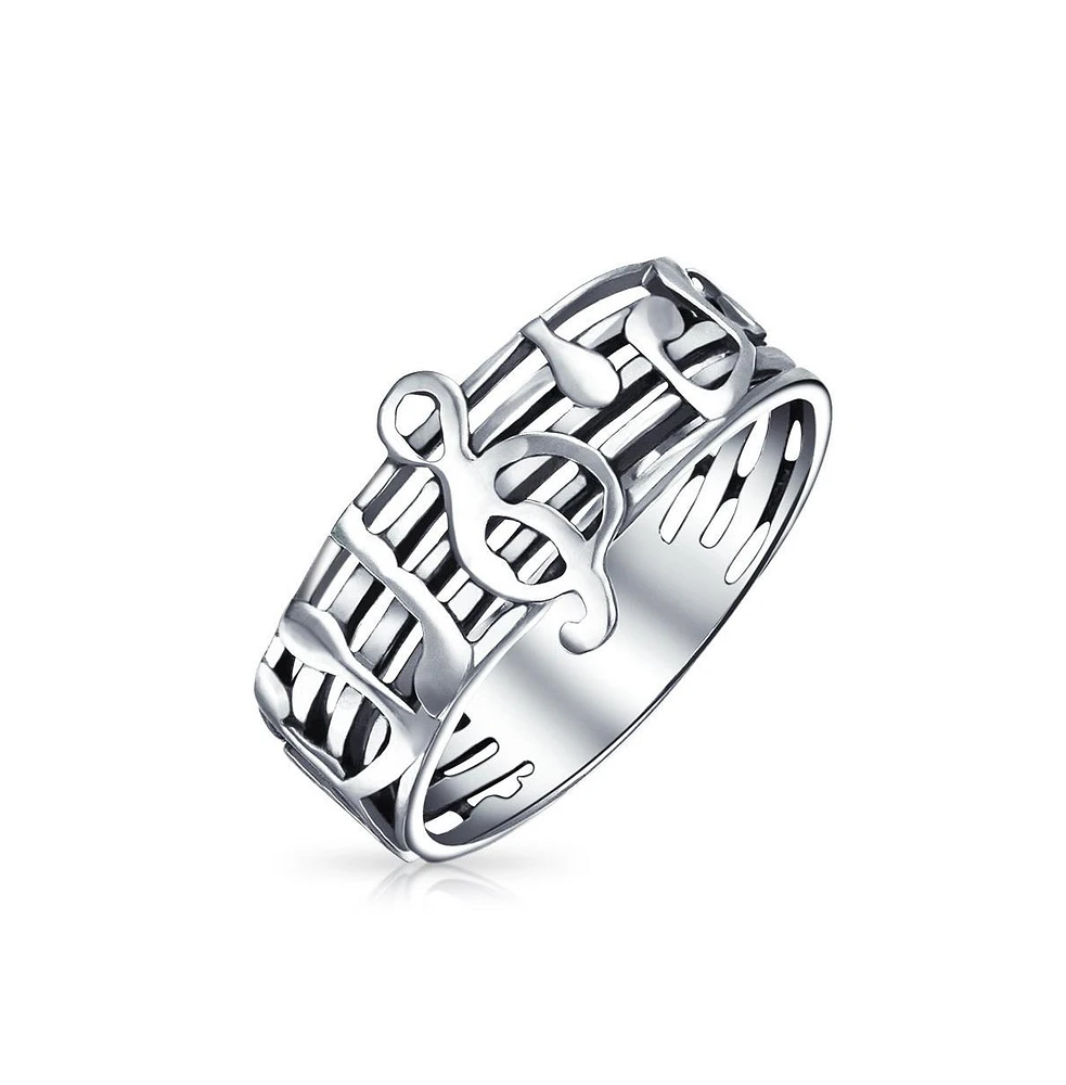 Bling Jewelry Silver Ring for Musicians: Treble Clef Note Band in Oxidized Sterling Silver