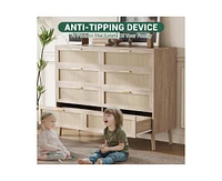8 Drawer Rattan Dresser, 47.2" x 15.7" x 37" Rattan Chest of Dressers, Mid Century Modern Dresser for Closet with Handles, Large Table Top, Dresser Be