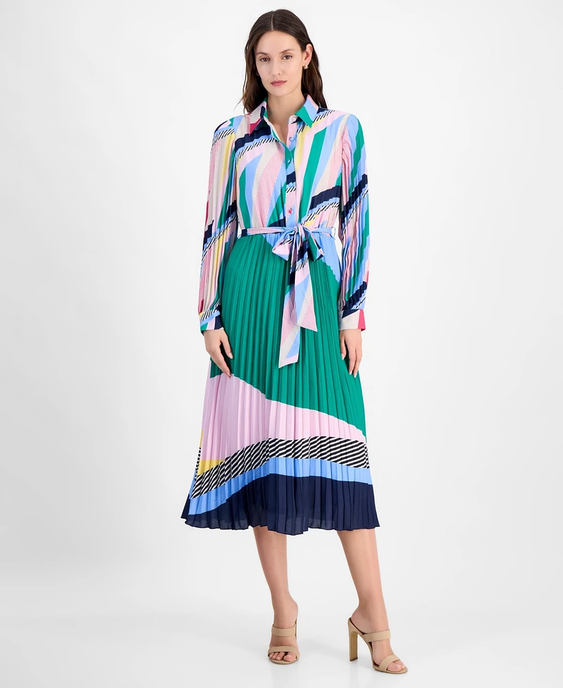 T Tahari Women's Mixed-Print Pleated Tie-Waist Midi Dress