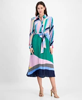 T Tahari Women's Mixed-Print Pleated Tie-Waist Midi Dress