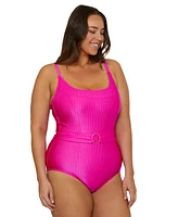 Becca Etc Plus Monte Carlo Ring Belted Rib One-Piece Swimsuit