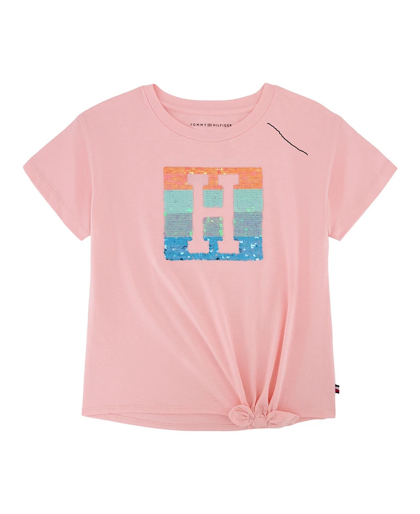 Tommy Hilfiger Big Girls Sequin Side Tie Short Sleeve T-Shirt